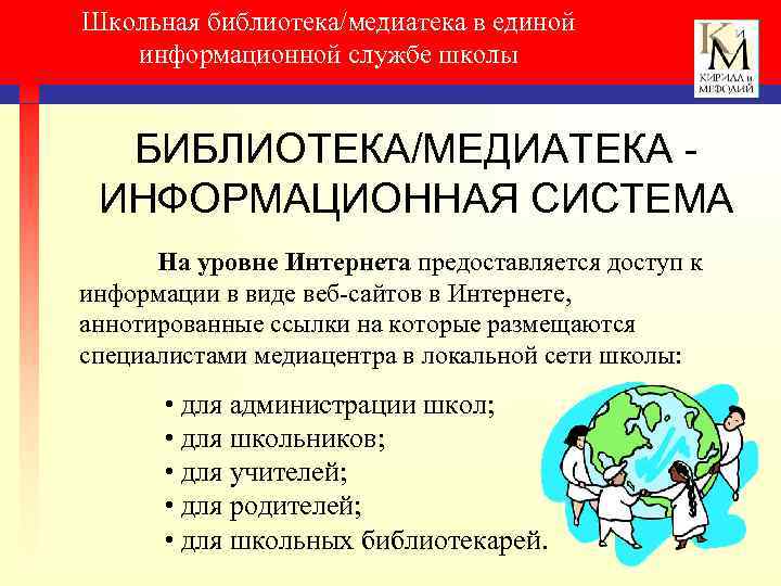 Школьная библиотека/медиатека в единой информационной службе школы БИБЛИОТЕКА/МЕДИАТЕКА ИНФОРМАЦИОННАЯ СИСТЕМА На уровне Интернета предоставляется