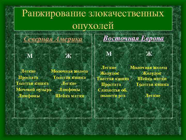 Ранжирование злокачественных опухолей Северная Америка М Ж Легкие Молочная железа Простата Толстая кишка Легкие