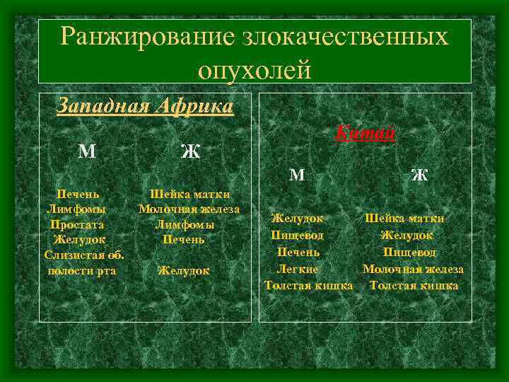 Ранжирование злокачественных опухолей Западная Африка М Китай Ж М Печень Лимфомы Простата Желудок Слизистая