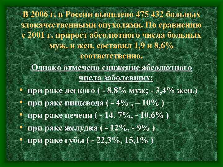 В 2006 г. в России выявлено 475 432 больных злокачественными опухолями. По сравнению с