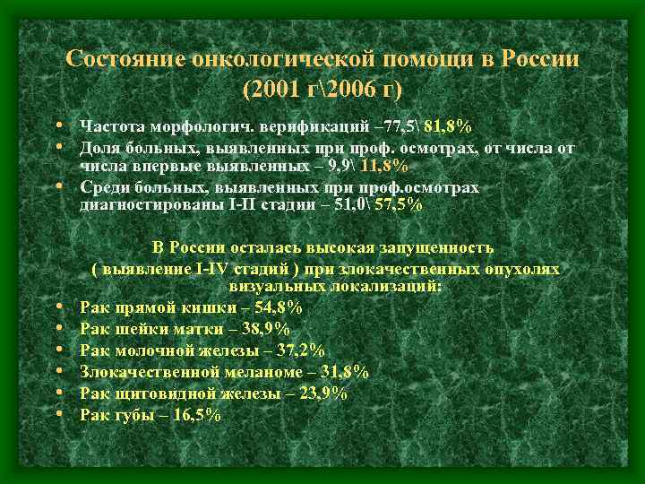 Состояние онкологической помощи в России (2001 г2006 г) • Частота морфологич. верификаций – 77,