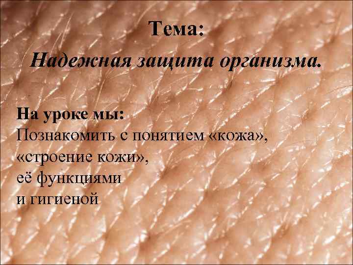Тема: Надежная защита организма. На уроке мы: Познакомить с понятием «кожа» , «строение кожи»