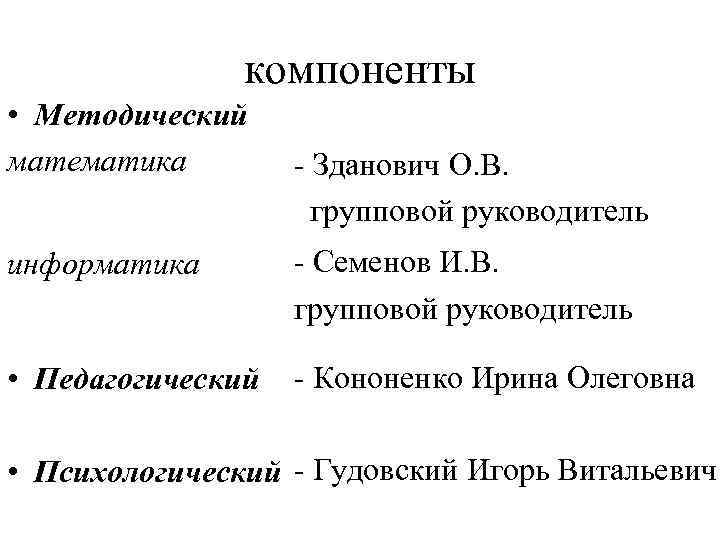 компоненты • Методический математика - Зданович О. В. групповой руководитель информатика - Семенов И.