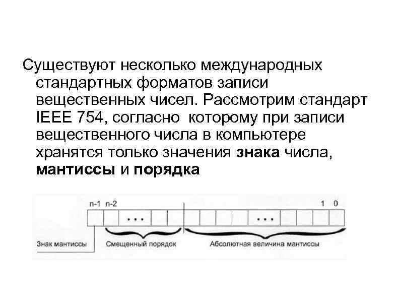 Существуют несколько международных стандартных форматов записи вещественных чисел. Рассмотрим стандарт IEEE 754, согласно которому
