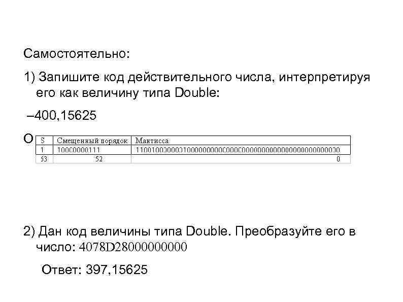 Самостоятельно: 1) Запишите код действительного числа, интерпретируя его как величину типа Double: – 400,