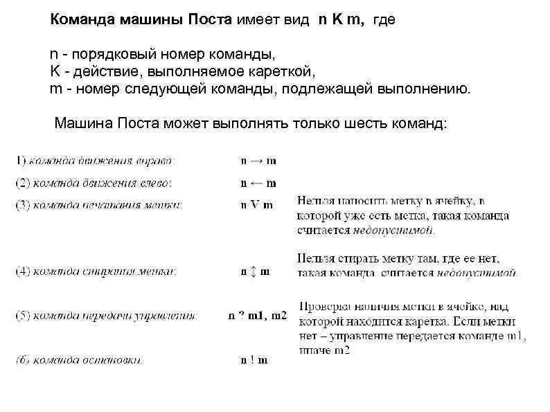  Команда машины Поста имеет вид n K m, где n - порядковый номер