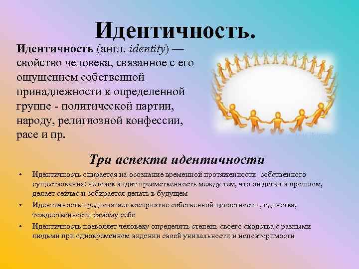 Идентичность. Идентичность (англ. identity) — свойство человека, связанное с его ощущением собственной принадлежности к