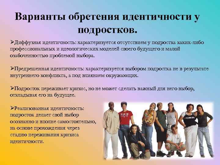 Варианты обретения идентичности у подростков. ØДиффузная идентичность: характеризуется отсутствием у подростка каких-либо профессиональных и