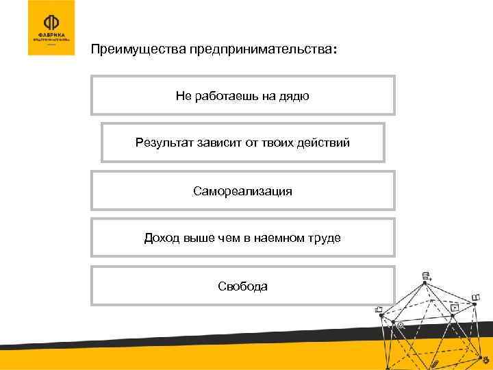 Преимущества предпринимательства: Не работаешь на дядю Результат зависит от твоих действий Самореализация Доход выше