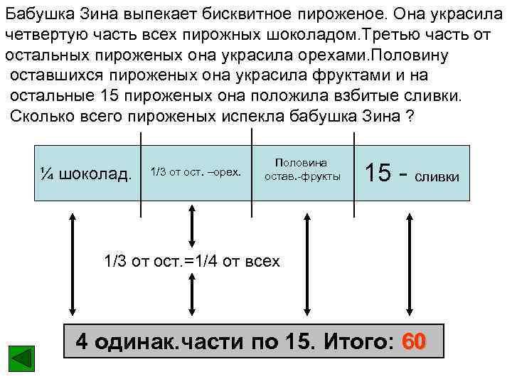 Бабушка Зина выпекает бисквитное пироженое. Она украсила четвертую часть всех пирожных шоколадом. Третью часть