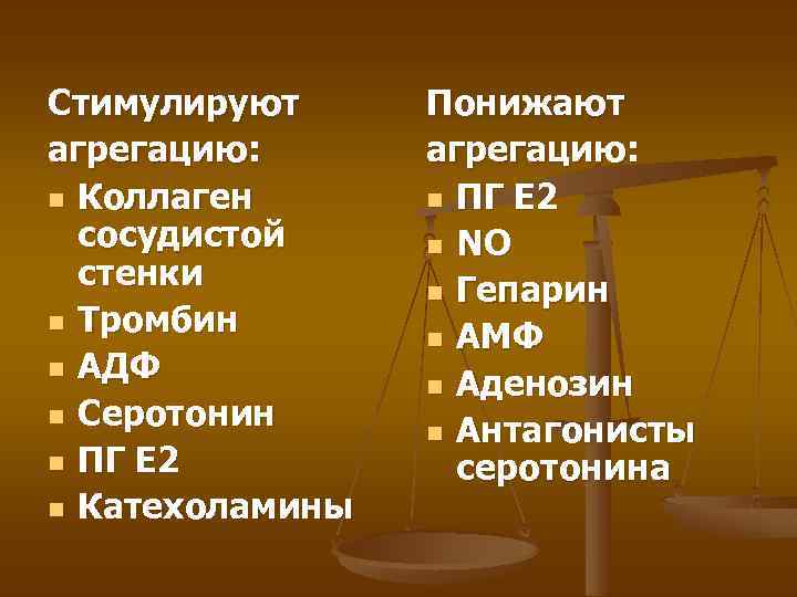 Стимулируют агрегацию: n Коллаген сосудистой стенки n Тромбин n АДФ n Серотонин n ПГ