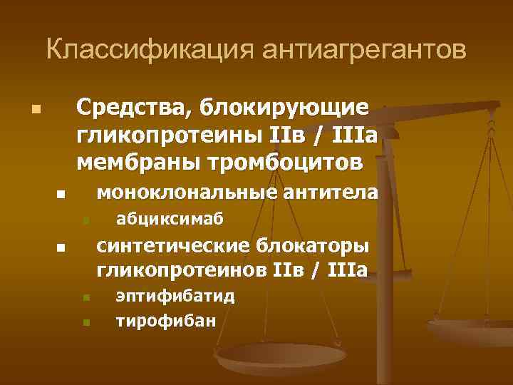 Классификация антиагрегантов Средства, блокирующие гликопротеины IIв / IIIa мембраны тромбоцитов n моноклональные антитела n