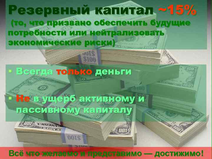 Резервный капитал ~15% (то, что призвано обеспечить будущие потребности или нейтрализовать экономические риски) §