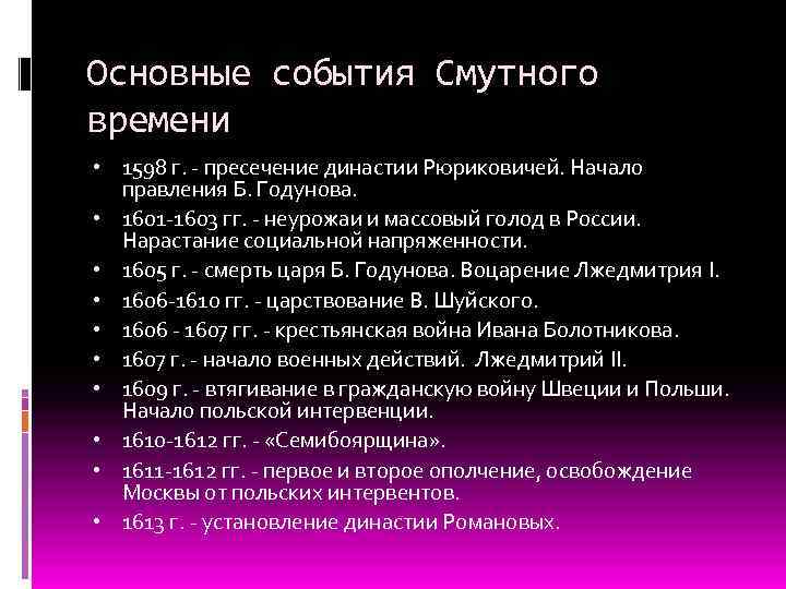 Основные события Смутного времени • 1598 г. - пресечение династии Рюриковичей. Начало правления Б.