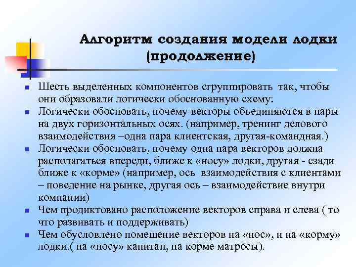 Алгоритм создания модели лодки (продолжение) n n n Шесть выделенных компонентов сгруппировать так, чтобы