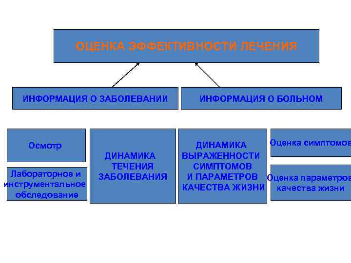 ОЦЕНКА ЭФФЕКТИВНОСТИ ЛЕЧЕНИЯ ИНФОРМАЦИЯ О ЗАБОЛЕВАНИИ Осмотр Лабораторное и инструментальное обследование ДИНАМИКА ТЕЧЕНИЯ ЗАБОЛЕВАНИЯ