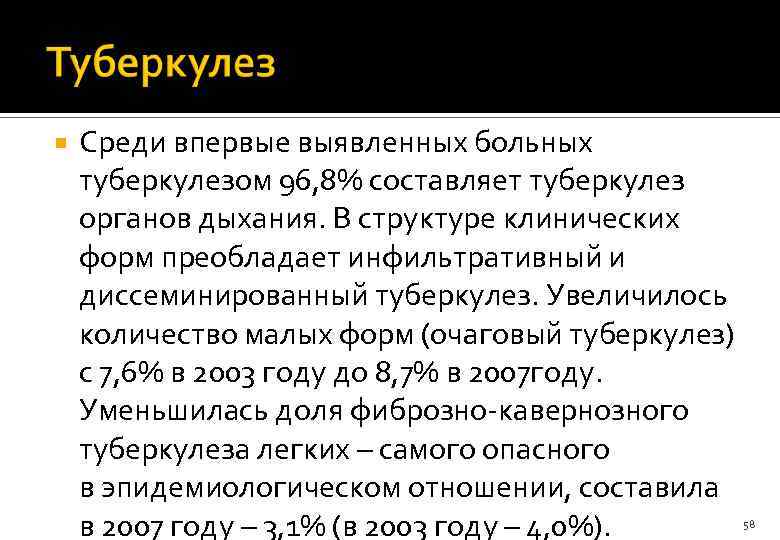  Среди впервые выявленных больных туберкулезом 96, 8% составляет туберкулез органов дыхания. В структуре