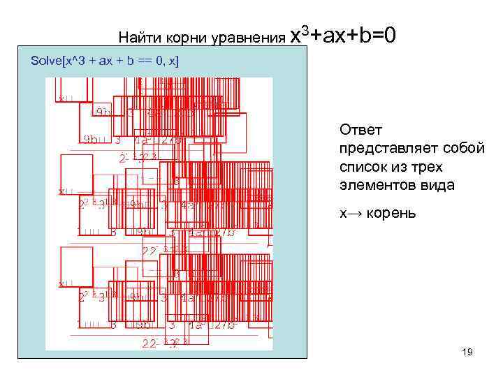 Найти корни уравнения x 3+ax+b=0 Solve[x^3 + ax + b == 0, x] Ответ