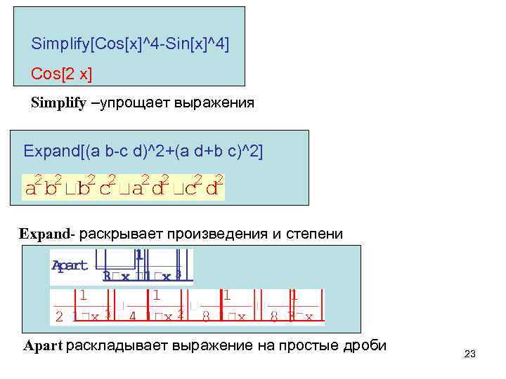Simplify[Cos[x]^4 -Sin[x]^4] Cos[2 x] Simplify –упрощает выражения Expand[(a b-c d)^2+(a d+b c)^2] Expand- раскрывает