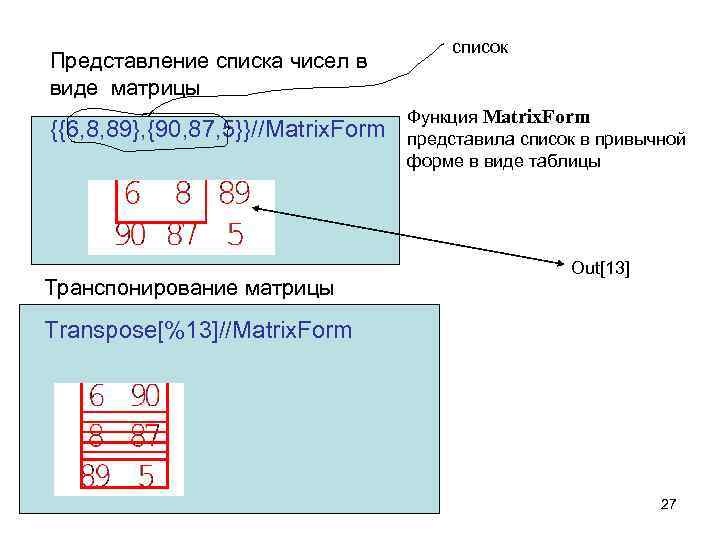 Представление списка чисел в виде матрицы {{6, 8, 89}, {90, 87, 5}}//Matrix. Form Транспонирование