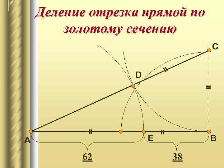 Деление отрезка прямой по золотому сечению С = D А 62 E = =
