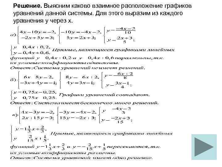 Решение. Выясним каково взаимное расположение графиков уравнений данной системы. Для этого выразим из каждого