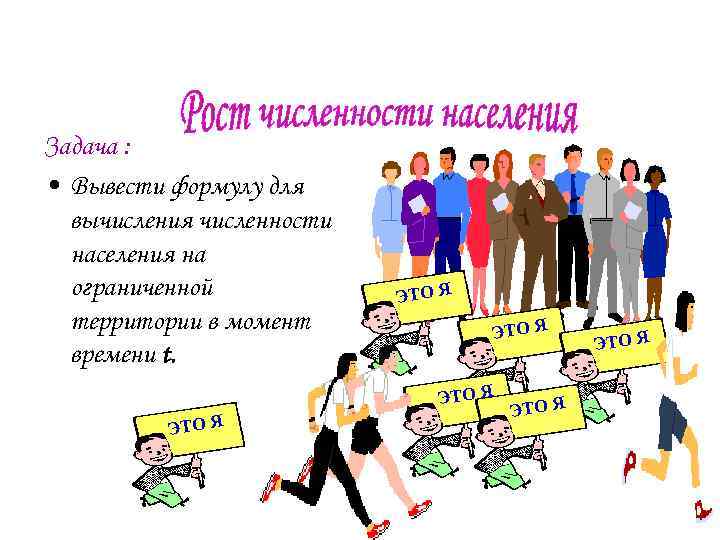 Задача : • Вывести формулу для вычисления численности населения на ограниченной территории в момент