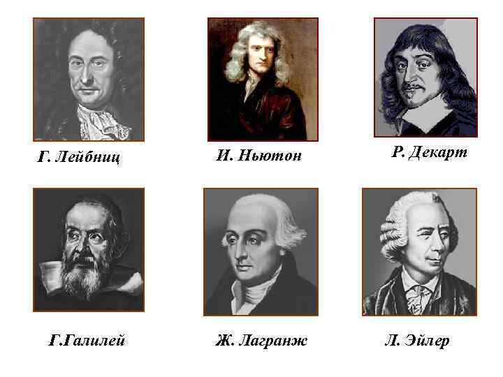 Г. Лейбниц И. Ньютон Г. Галилей Ж. Лагранж Р. Декарт Л. Эйлер 