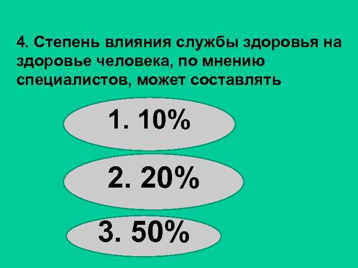 4. Степень влияния службы здоровья на здоровье человека, по мнению специалистов, может составлять 1.