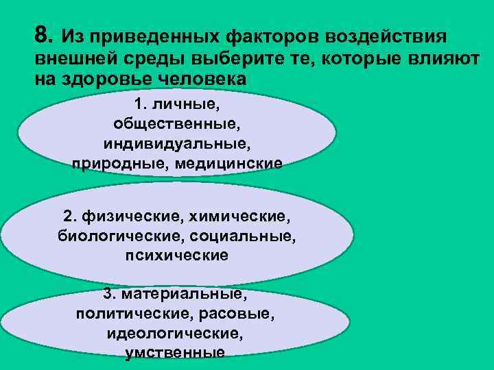 8. Из приведенных факторов воздействия внешней среды выберите те, которые влияют на здоровье человека