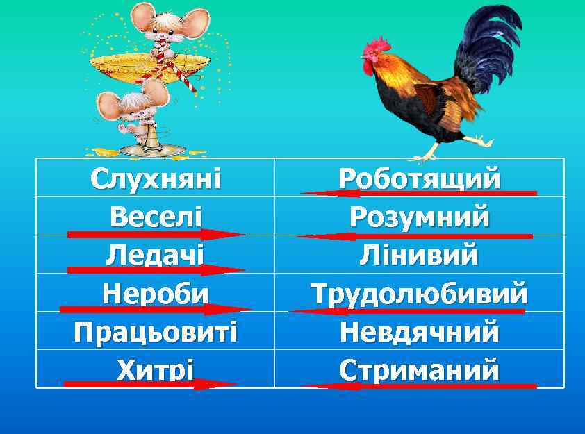 Слухняні Веселі Ледачі Нероби Працьовиті Хитрі Роботящий Розумний Лінивий Трудолюбивий Невдячний Стриманий 