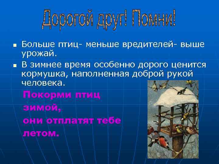 n n Больше птиц- меньше вредителей- выше урожай. В зимнее время особенно дорого ценится
