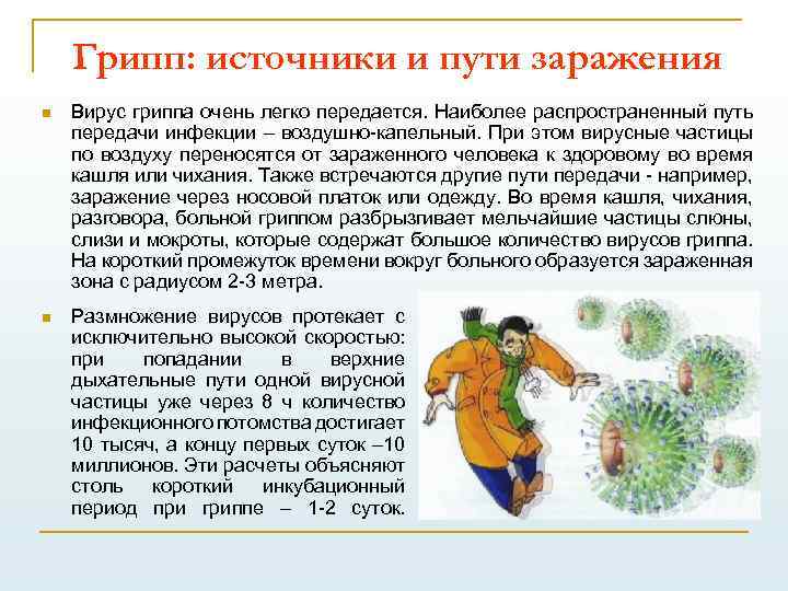 Грипп: источники и пути заражения n Вирус гриппа очень легко передается. Наиболее распространенный путь