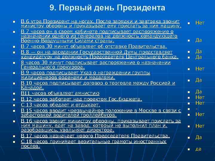 9. Первый день Президента n n n n В 6 утра Президент на ногах.