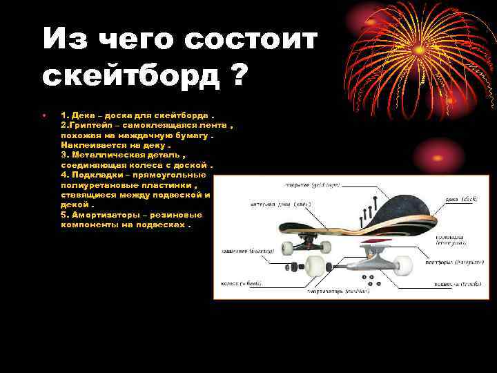 Из чего состоит скейтборд ? • 1. Дека – доска для скейтборда. 2. Гриптейп