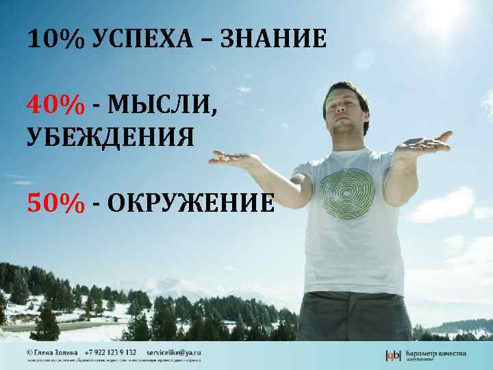 10% УСПЕХА – ЗНАНИЕ 40% - МЫСЛИ, УБЕЖДЕНИЯ 50% - ОКРУЖЕНИЕ 