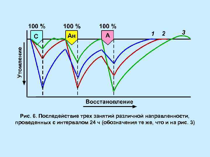 Рис. 6. Последействие трех занятий различной направленности, проведенных с интервалом 24 ч (обозначения те