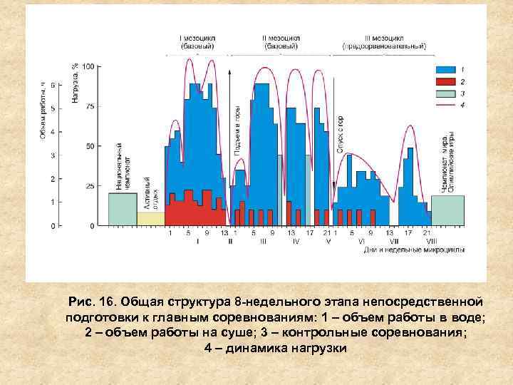 Рис. 16. Общая структура 8 -недельного этапа непосредственной подготовки к главным соревнованиям: 1 –