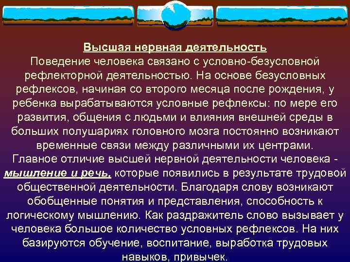 Высшая нервная деятельность Поведение человека связано с условно-безусловной рефлекторной деятельностью. На основе безусловных рефлексов,