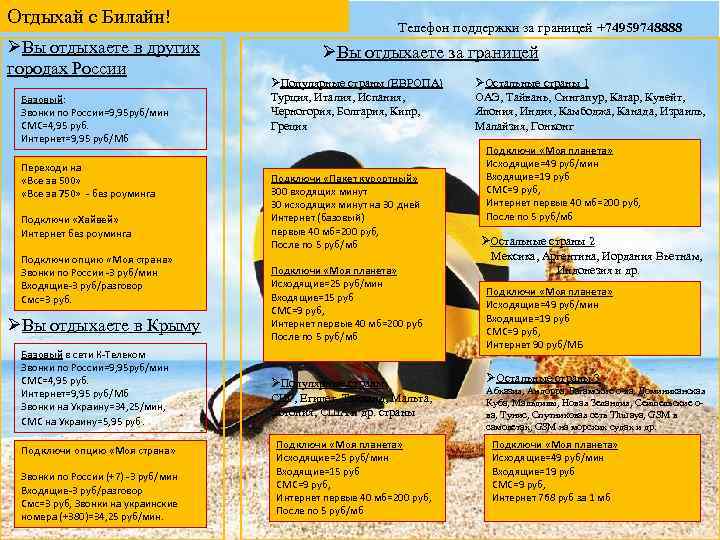 Отдыхай с Билайн! ØВы отдыхаете в других городах России Базовый: Звонки по России=9, 95
