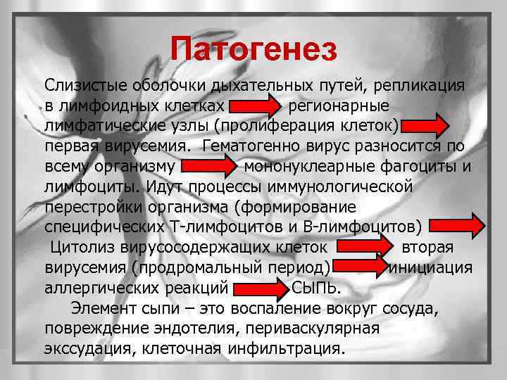 Патогенез Слизистые оболочки дыхательных путей, репликация в лимфоидных клетках регионарные лимфатические узлы (пролиферация клеток)