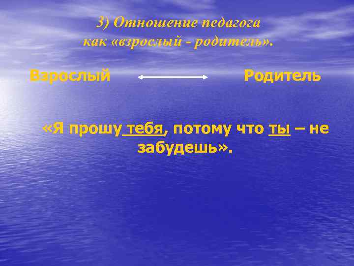 3) Отношение педагога как «взрослый - родитель» . Взрослый Родитель «Я прошу тебя, потому
