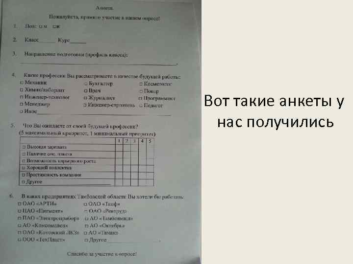 Вот такие анкеты у нас получились 