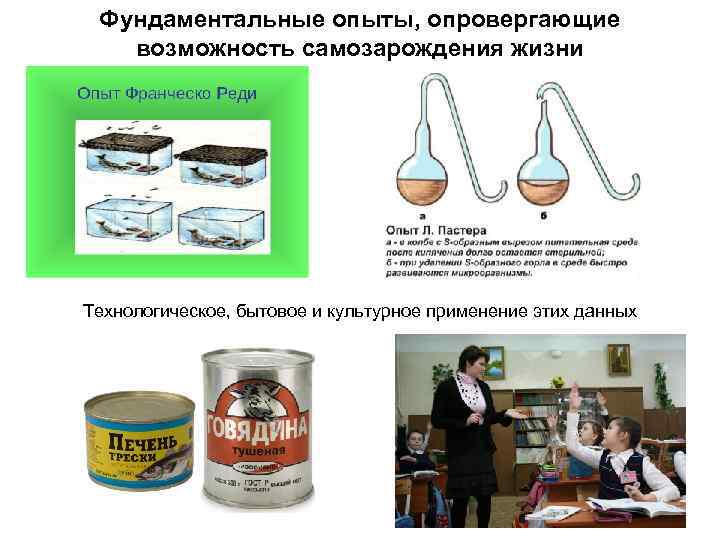 Фундаментальные опыты, опровергающие возможность самозарождения жизни Технологическое, бытовое и культурное применение этих данных 