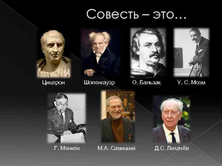 Совесть – это… Цицерон Г. Менкен Шопенгауэр О. Бальзак М. А. Савицкий У. С.