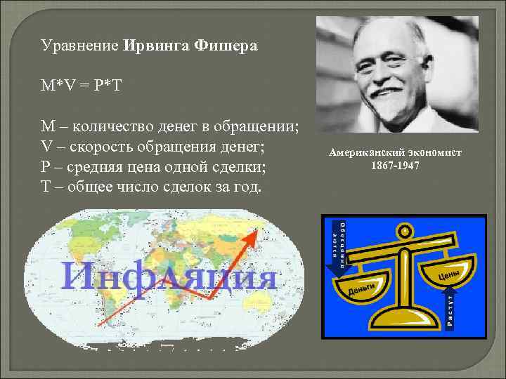 Уравнение Ирвинга Фишера M*V = P*T M – количество денег в обращении; V –