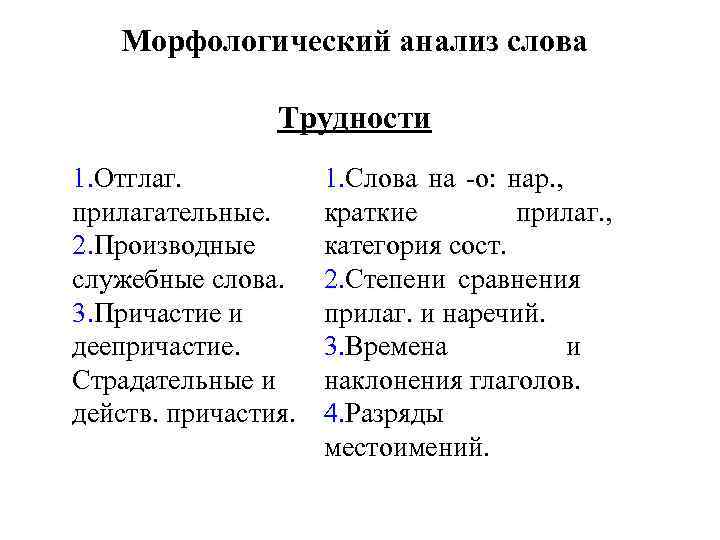 Морфологический анализ слова Трудности 1. Отглаг. прилагательные. 2. Производные служебные слова. 3. Причастие и