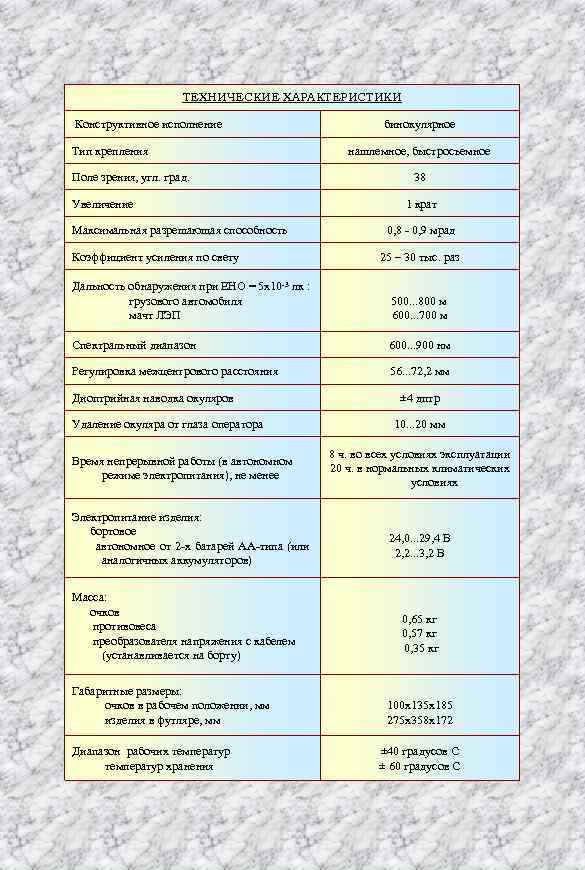 ТЕХНИЧЕСКИЕ ХАРАКТЕРИСТИКИ Конструктивное исполнение Тип крепления Поле зрения, угл. град. Увеличение Максимальная разрешающая способность