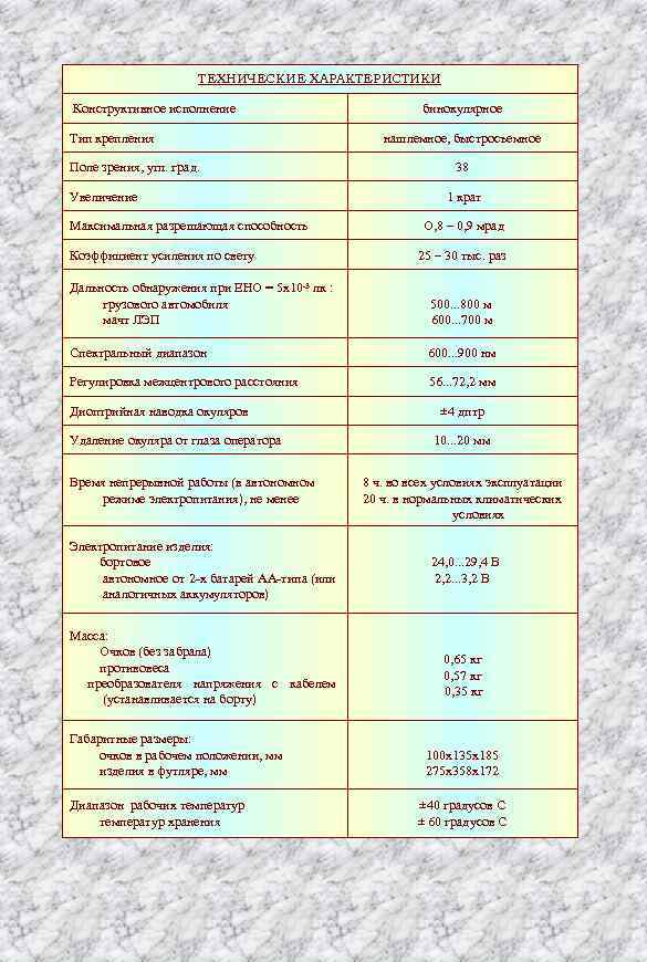ТЕХНИЧЕСКИЕ ХАРАКТЕРИСТИКИ Конструктивное исполнение Тип крепления Поле зрения, угл. град. Увеличение бинокулярное нашлемное, быстросъемное