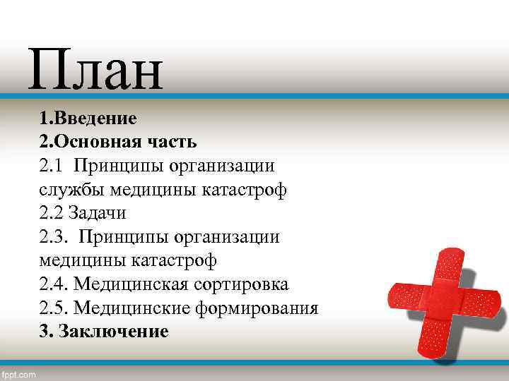План 1. Введение 2. Основная часть 2. 1 Принципы организации службы медицины катастроф 2.